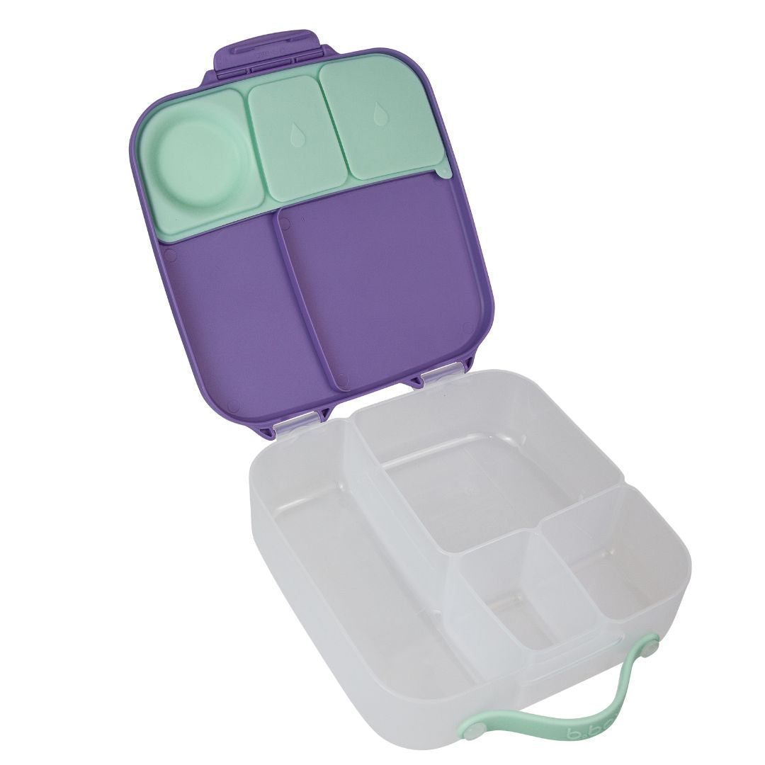 B.Box bento lunchbox with purple lid and aqua handle internal compartments