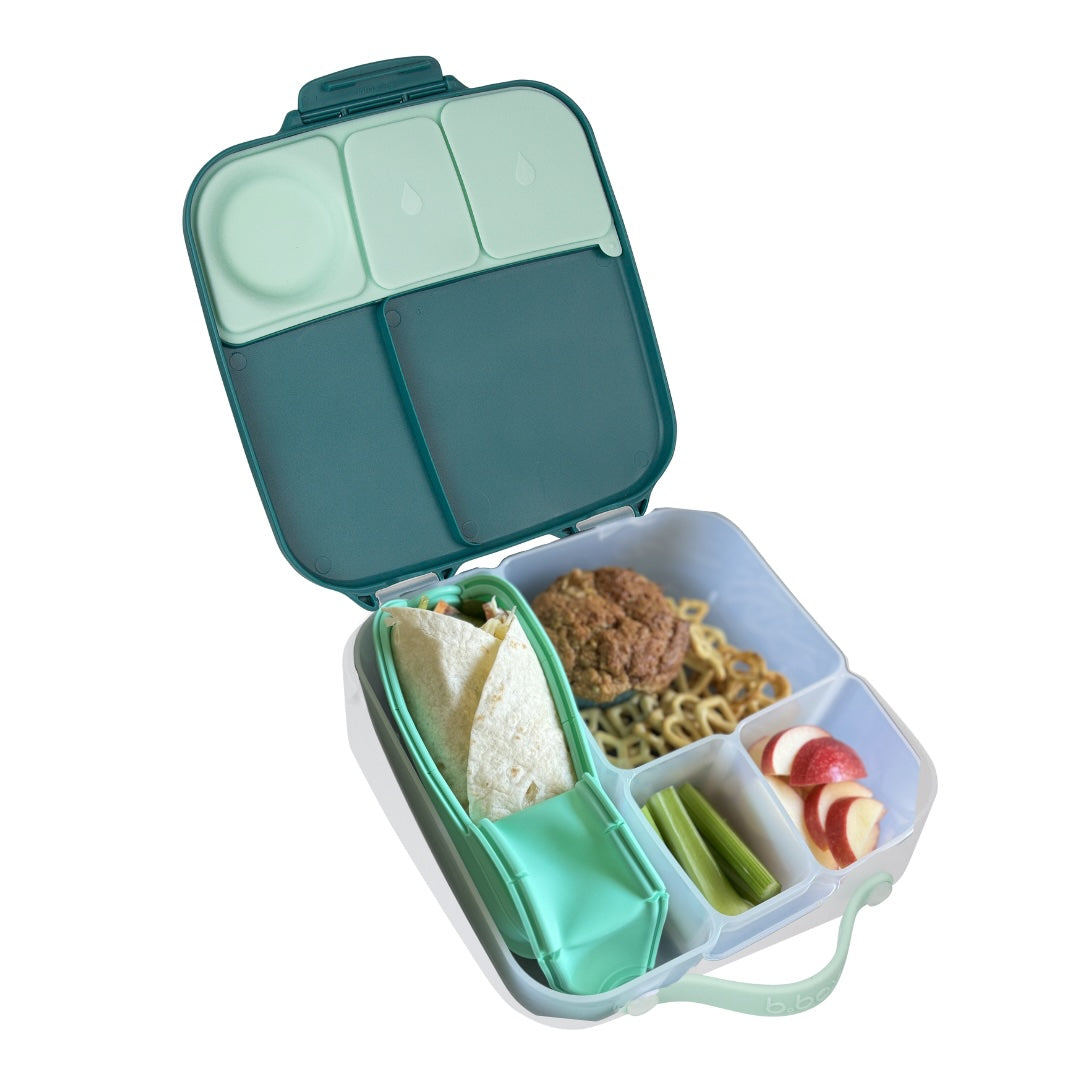 School lunchbox with wrap and snacks for fresh lunch ideas
