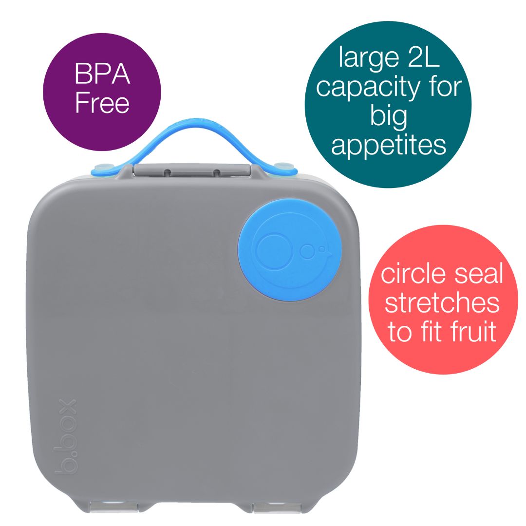 Features of blue and grey lunchbox