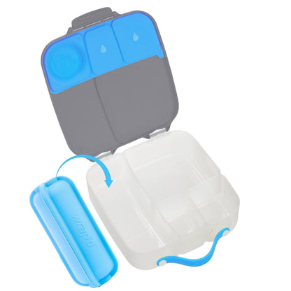 Wrap'd wrap holder fits inside blue and grey bento large lunchbox