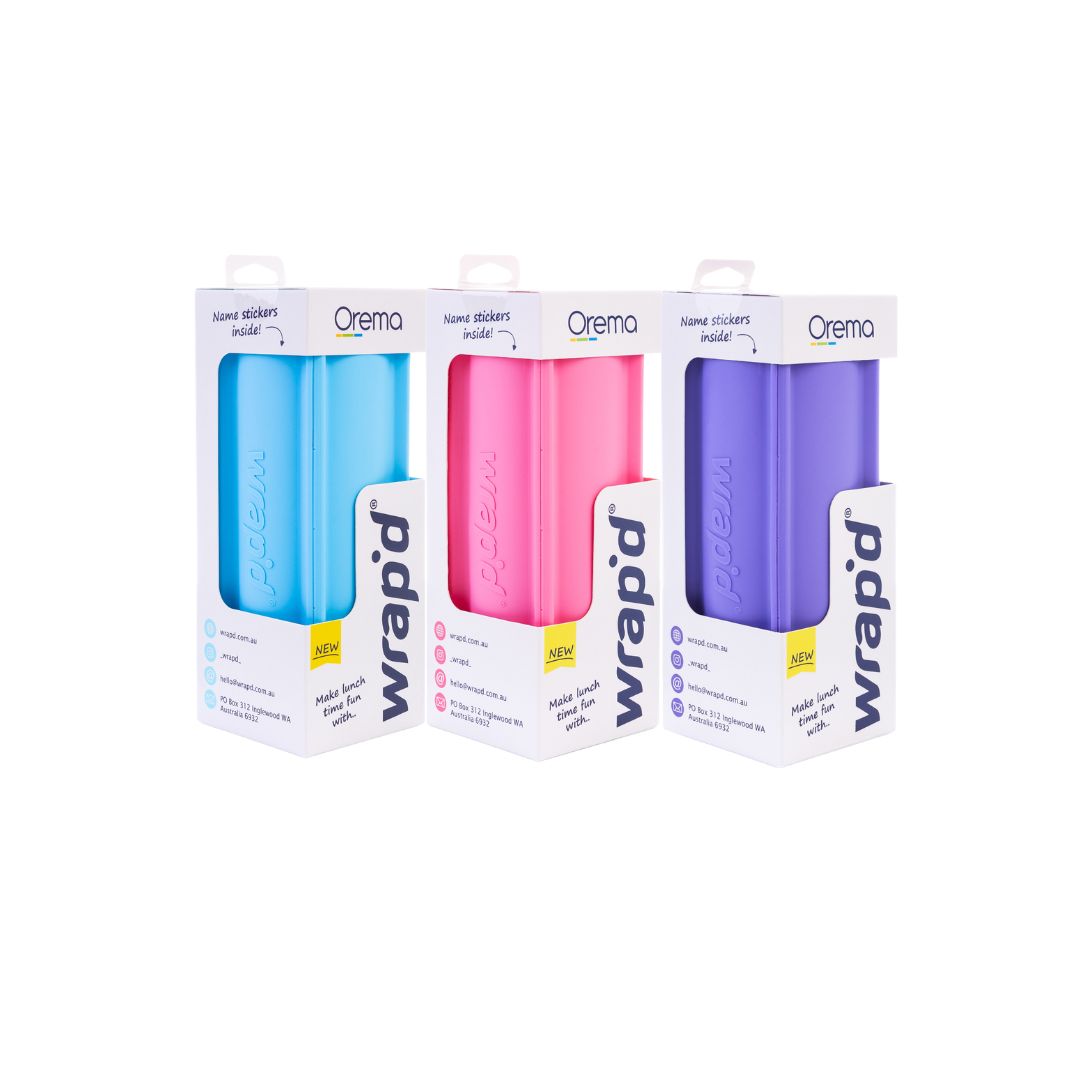 Line up of 3 Wrap'd wrap holders in their box. Blue, Pink and Purple forming a new bundle - Bubblegum Bundle