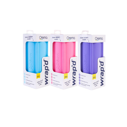 Line up of 3 Wrap'd wrap holders in their box. Blue, Pink and Purple forming a new bundle - Bubblegum Bundle