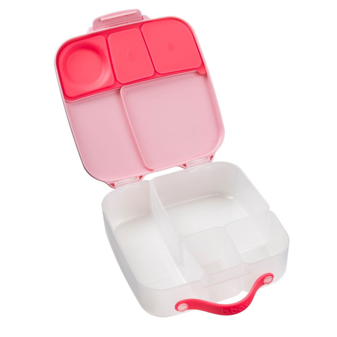 Inside bento style large B.Box lunchbox with pink lid