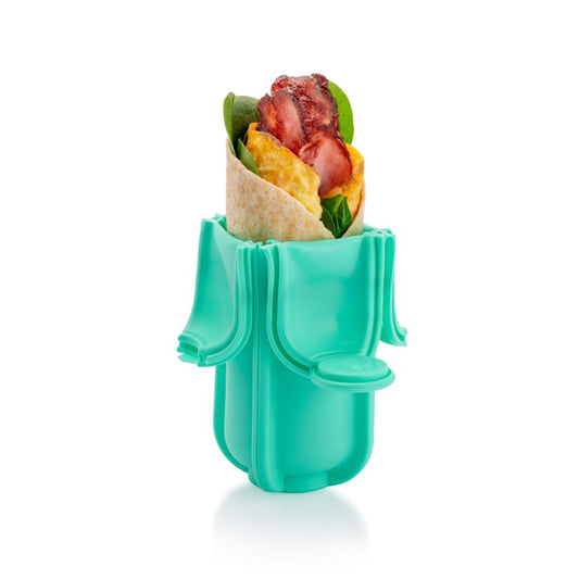 Bacon and egg breakfast wrap in Aqua Wrap'd food container wrap holder