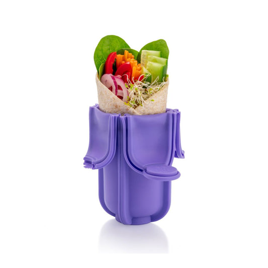 Salad wrap fresh in a Purple Wrap'd silicone wrap holder lunch container