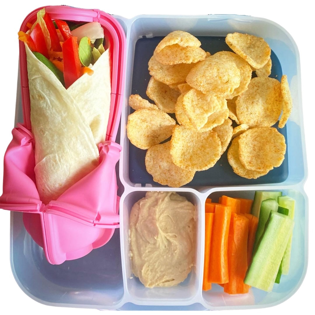 Fresh lunch wrap in a Pink Wrap'd with healthy snacks