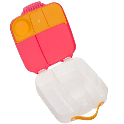 Inside large bento lunchbox with pink lid and yellow handle for kids school lunchbox